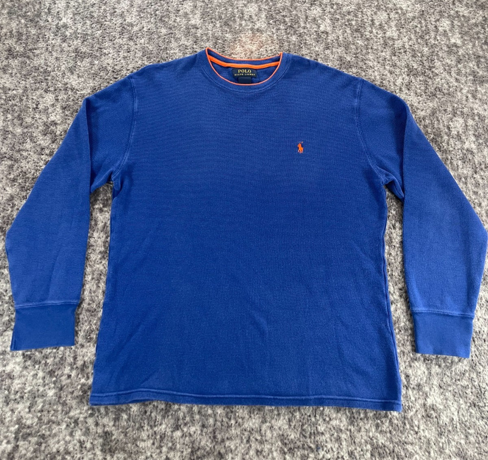 Polo Ralph Lauren Shirt Mens L Blue Orange Thermal Crew Neck Waffle Knit